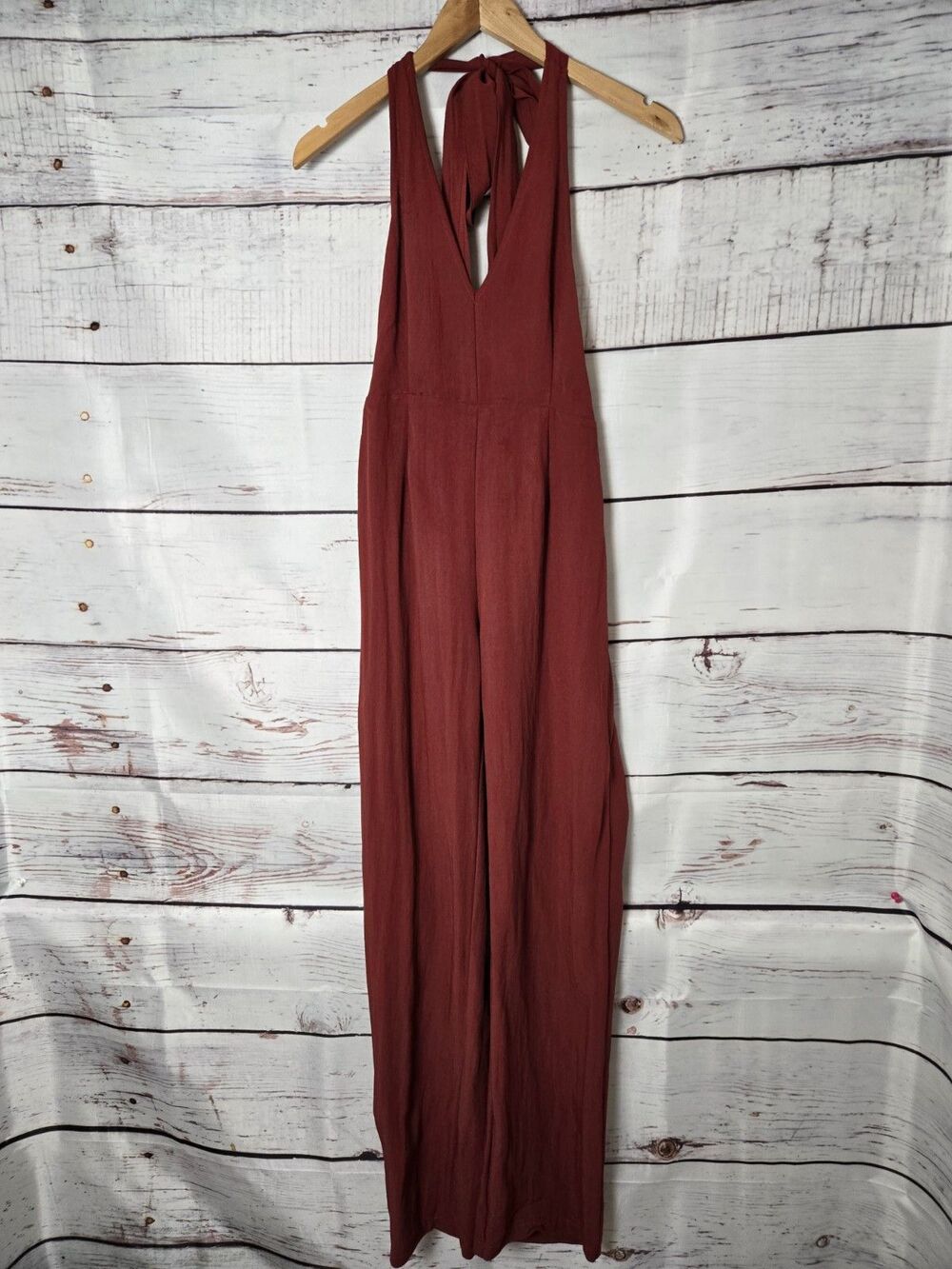 Lulus Womens Jumpsuit Size Xs Burnt Red Halter Low V- Neck Low Back Dressy
